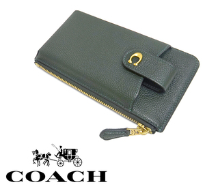 【未使用 超美品】 コーチ COACH ファスナーコインケース 小銭入れ カードケース フラグメントケース レザー 革 ダークグリーン シリアル有