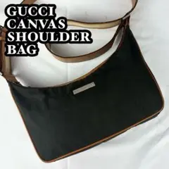 大人気 GUCCI キャンバス ショルダーバッグ 茶 ロゴプレート ファスナー