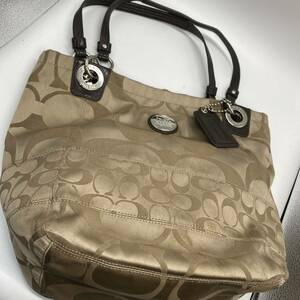 1円〜 8M COACH ④ハンドバッグ コーチ トートバッグ シグネチャー キャンバス レザー 総柄 レディース 流行 普段使い お洒落 ベージュ