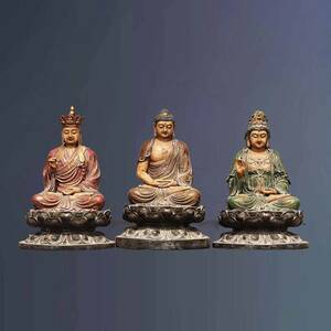 8174N&3 中国骨董 [大清乾隆制・漆器・娑婆三聖です] 仏教工芸品 古作 時代物 極上品 仏教美術 精密彫刻