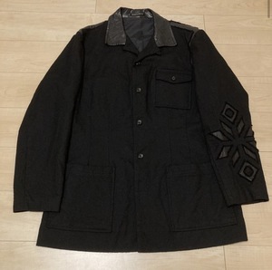 ☆Yohji Yamamoto POUR HOMME カットワークレザー切替ウールコートカンガルー革 ジャケット 黒 ヨウジヤマモト 4