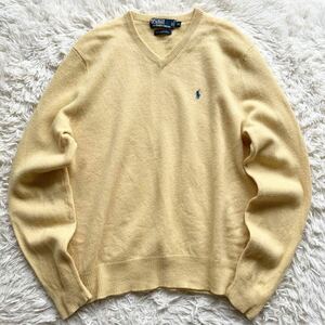 希少 美品 XLサイズ ラルフローレン ラムウール100% ニット ライトイエロー ロゴ刺繍 Vネック Ralph Lauren メンズ 長袖 セーター 淡黄色