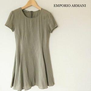 EMPORIO ARMANI エンポリオアルマーニ サイズ38 Ｓ～Ｍ 半袖 ワンピース チュニック リネン混 シワ加工 薄手 ミニ丈 カーキ