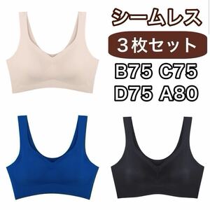 3枚 ノンワイヤー シームレス ブラジャー ブラック ベージュ ブルー 青 黒 XL LL ナイトブラ セット シームレスブラ B75 C75 D75 A80