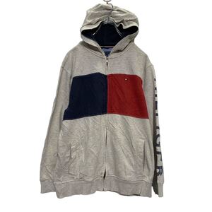 TOMMY HILFIGER ジップアップ ロゴスウェット パーカー L 150～ キッズ ライトグレー レッド ネイビー 古着卸 アメリカ仕入 a606-6230