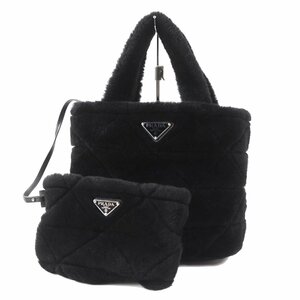 極美品◎PRADA プラダ 1BG378 トライアングルロゴ キルティングムートン 2WAY ハンド／ショルダーバッグ NERO イタリア製 レディース