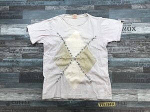 RNA アールエヌエー レディース 綿 ダイヤ柄 ポンポン付き 半袖Tシャツ 白グレー×カーキ