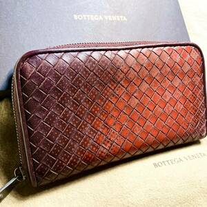 【超希少】 美品 BOTTEGA VENETA ボッテガヴェネタ 長財布 ラウンドファスナー ジップ イントレチャート ドット レザー メンズ レッド 赤