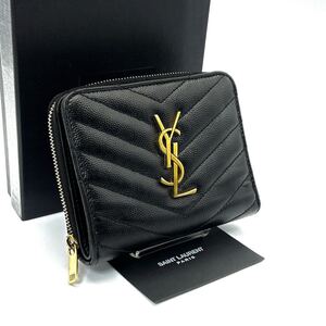 未使用級◆SAINT LAURENT サンローラン 二つ折り財布 ２つ折り カサンドラ キルティング キャビアスキン YSLロゴ ブラック ゴールド