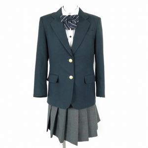 1円 ブレザー チェックスカート リボン 上下4点セット 冬物 女子 学生服 中学 高校 緑 制服 中古 ランクC EY8291