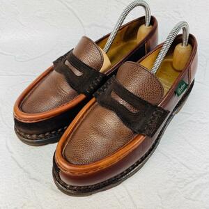 【希少】PARABOOT パラブーツ オルセー コインローファー レザー スエード 茶 ブラウン 3.5 23cm ドッキング 奇抜 希少パターン シボ革