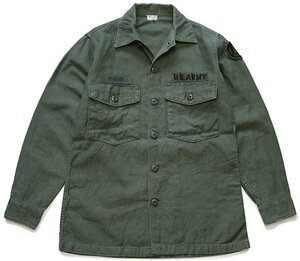 ★60s 米軍 U.S.ARMY パッチ付き コットンサテン ユーティリティシャツ オリーブグリーン 14.5★C ビンテージ ミリタリー ワッペン