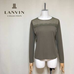 【美品】LANVIN ランバンコレクション 洗える チュールコンビ ブラウス カットソー 38/Mサイズ相当 カーキ レディース 日本製 レリアン