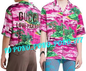 即決 完売品 グッチ GUCCI 総柄 ロゴ アロハシャツ アロハ シャツ 半袖 Tシャツ クリーニング済み 