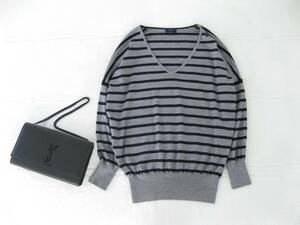 ☆美品☆シップスSHIPS☆ニット☆長袖☆ボーダー柄☆F☆ウール混☆Vネック☆シルク混☆GREY×BLACK☆