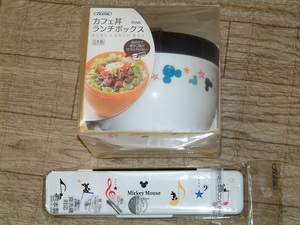 新品！ディズニー スケーター カフェ丼ランチボックス＆新品！音のならない御箸＆スプーンSET