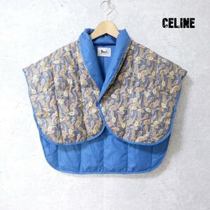 美品 CELINE セリーヌ ペイズリー柄 ダウン ポンチョ 肩掛け 部屋着 ブルー マルチカラー