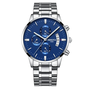 NIBOSI メンズ 腕時計 高品質 クオーツ クロノグラフ 防水 カジュアル ウォッチ ビジネス 時計 ステンレス シルバー × ブルー