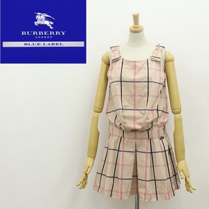 ◆BURBERRY BLUE LABEL バーバリー ブルーレーベル チェック柄 リボン タック ノースリーブ ブラウジング ワンピース ピンクベージュ 36