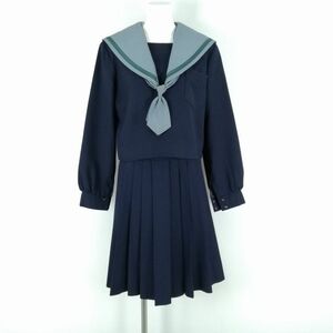 1円 セーラー服 スカート ネクタイ 上下3点セット 冬物 緑3本線 女子 学生服 中学 高校 紺 制服 中古 ランクC NA9956