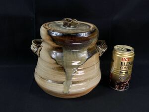 【福蔵】水指 窯変 在銘 左 横耳付水指 手作り 茶道具 高17cm