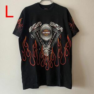 レア 古着 90s Harley Davidson V-Twin Fire Flame AOP Tee Black L ハーレー ダビッドソン フレーム Tシャツ 1996 Band Rap Movie