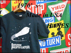 ★アメリカらしい1枚★Made in USA製アメリカ製HANESヘインズビンテージプリントTシャツ70s70年代オレンジフラッグタグ黒エロSEXコンドーム