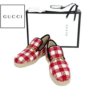 【1円/未使用】グッチ GUCCI レディース VICHY TWEED ホースビット ムートン ローファー 36/22.5㎝ 575850 赤白チェック スリッポン 14034