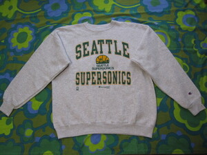 USA製 サイズXL Champion チャンピオン NBA SEATTLE SUPERSONICS スウェット トレーナー グレー/グリーン×イエロー 綿50/ポリ50 古着