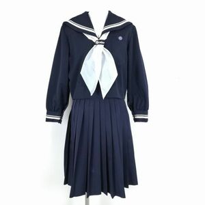 1円 セーラー服 スカート 上下3点セット 大きいサイズ 冬物 白2本線 女子 学生服 高知土佐女子中学高校 紺 制服 中古 ランクC NA6677