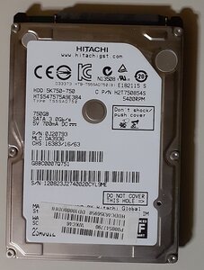 5011 2.5インチ 内蔵SATAハードディスク 750GB 9.5mm 5400rpm 日立 HTS547575A9E384 Mac/Win 使用3138時間 正常