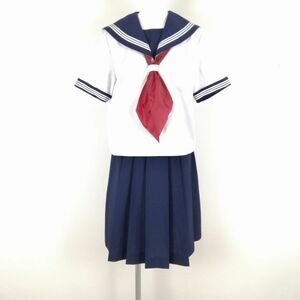 1円 セーラー服 スカート スカーフ 上下3点セット 大きいサイズ 富士ヨット 夏物 白3本線 女子 学生服 中学 高校 白 中古 ランクC NA9126