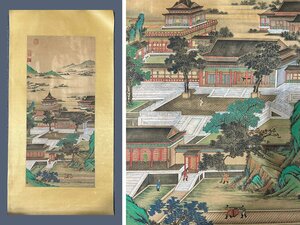 【安】中国明時代画家「仇英書」絹本「山水楼閣図鏡心 未表装」掛軸 巻き物 中国画 墨寶妙品 中国書道 古美味 古美術 334