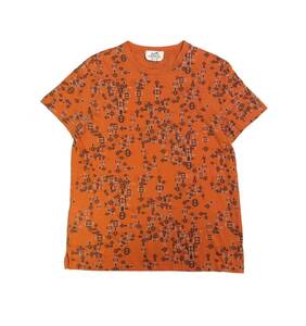 HERMES エルメス 半袖Tシャツ トップス カットソー 総柄 オレンジ ITALY製 コットン S (ma)