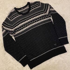 【美品・希少L!】バーバリーブラックレーベル ドライバーズニット 春物 トップス BURBERRY BLACK LABEL ニット レザーロゴ型押し 黒 総柄