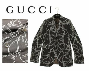 90万新品◆44◆グッチ GUCCI シルク100％テーラードジャケット 馬 ホースプリント ダークブラウン系 濃茶 1円