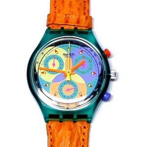 【侍】Swatch スウォッチ グリーン＆イエロー レインボー 90’s ヴィンテージ クロノグラフ 腕時計 ケース付 デットストック20=370