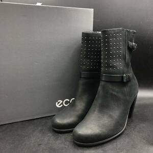 M2402 美品 ecco エコー レザー ショートブーツ サイドジップ スタッズ レディース 38/24.0cm相当 ブラック 黒 ヒール 靴 