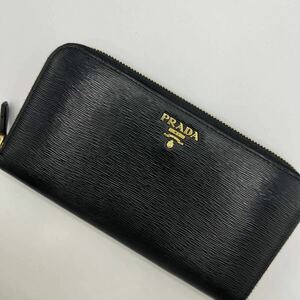 1円◎極美品◎PRADA プラダ ラウンドファスナー 長財布 ウォレット ジッピー オールレザー 金ロゴ 金具 レディース メンズ ブラック系 