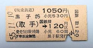 【関東鉄道常総線】黒子駅発行＊国鉄連絡乗車券：実券（昭和55年11月10日発行）券番：0110