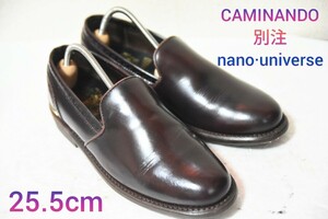 100円スタート！【CAMINANDO】カミナンド 別注 nano universe スリッポン ローファー バーガンディ×ゴールド 紳士靴 牛革 25.5cm