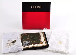 未使用 CELINE セリーヌ ハンカチ スカーフ シルク ホワイト 白 ブラック 黒 グリーン 緑 箱付き 正規品 3セット まとめ売り 9079