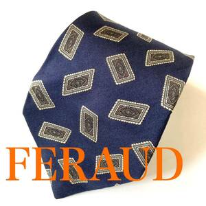 ネクタイ FERAUD ブランド　イタリア製　上品SILK 抽象柄　総柄　ヴィンテージ品　ネイビー系　ビジネス　シック　即決