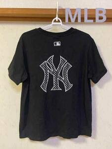 MLB NY ヤンキース ビッグロゴ刺繍 Ｔシャツ 黒 ブラック レディース L