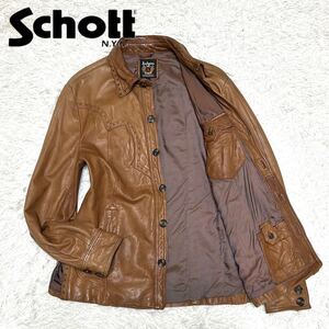 Ｌサイズ【希少デザイン】Schott ショット レザージャケット コート ブルゾン ウエスタンシャツ ドレス 本革 牛革 キャメル ブラウン 茶