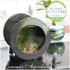 信楽焼 陶器水槽 陶器 ガラス 水槽 和風 インテリア メダカ鉢 金魚鉢 水鉢 やきもの ミニサイズ 丸型（茶色）su-0210