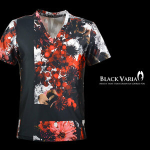 9#bv02-re BLACK VARIA プレミアム ボタニカル 黒十字 Vネック半袖Tシャツ メンズ(レッド赤) LL 日本製 吸水速乾＆2wayストレッチ