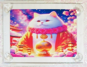 【2L】ネコ日本帝国 107 神社と白猫 絵画イラストオリジナル原画 Cat Empire Shrine white cat painting original art