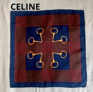 CELINEセリーヌ シルクスカーフ スクエア37×37 ネイビー×レッド赤系