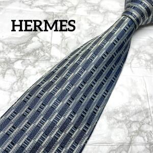 ★ エルメス　HERMES ネクタイ　ネイビー　グレー　総柄　H柄